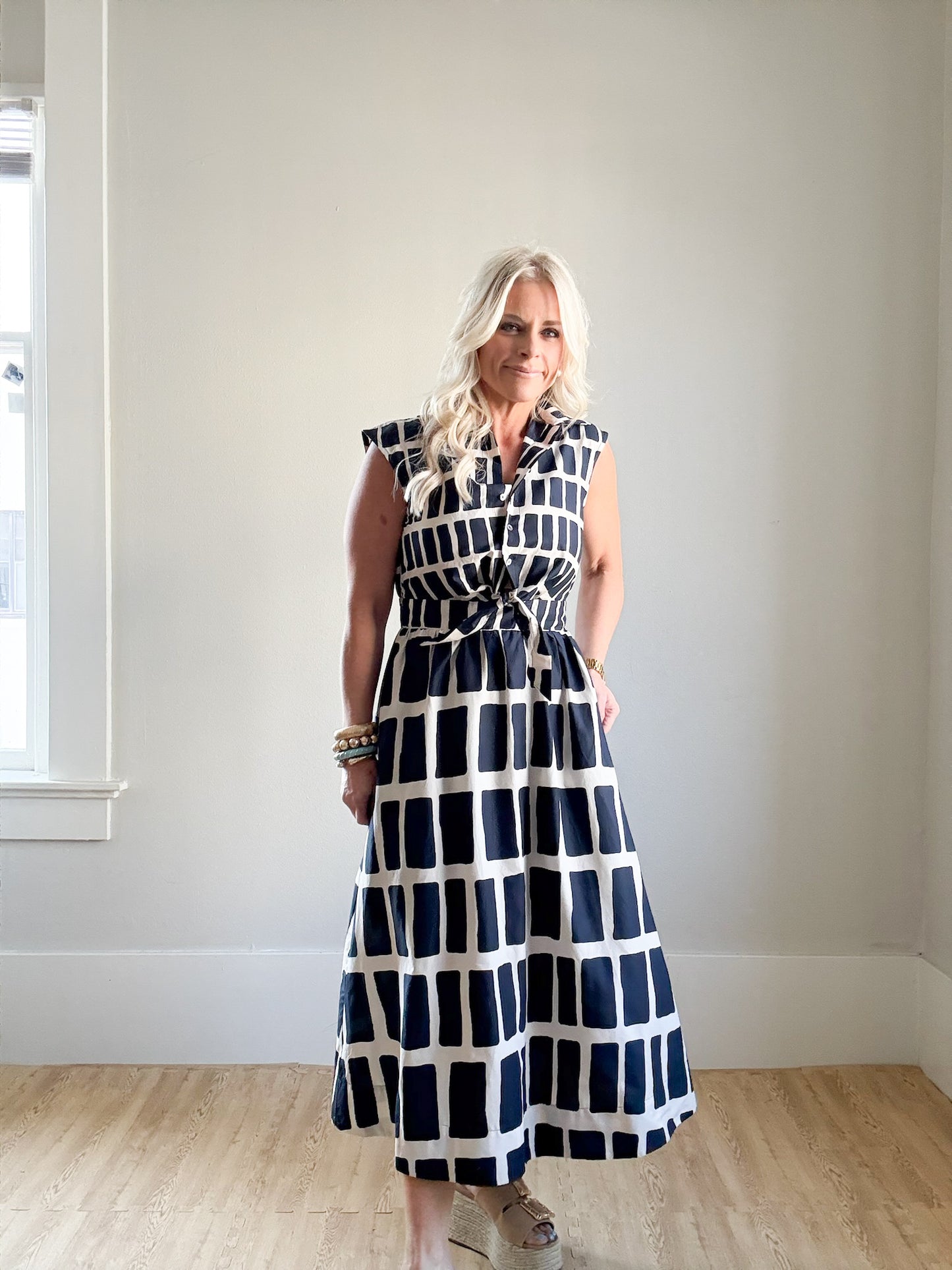 Navy Abstract Print Midi Dress