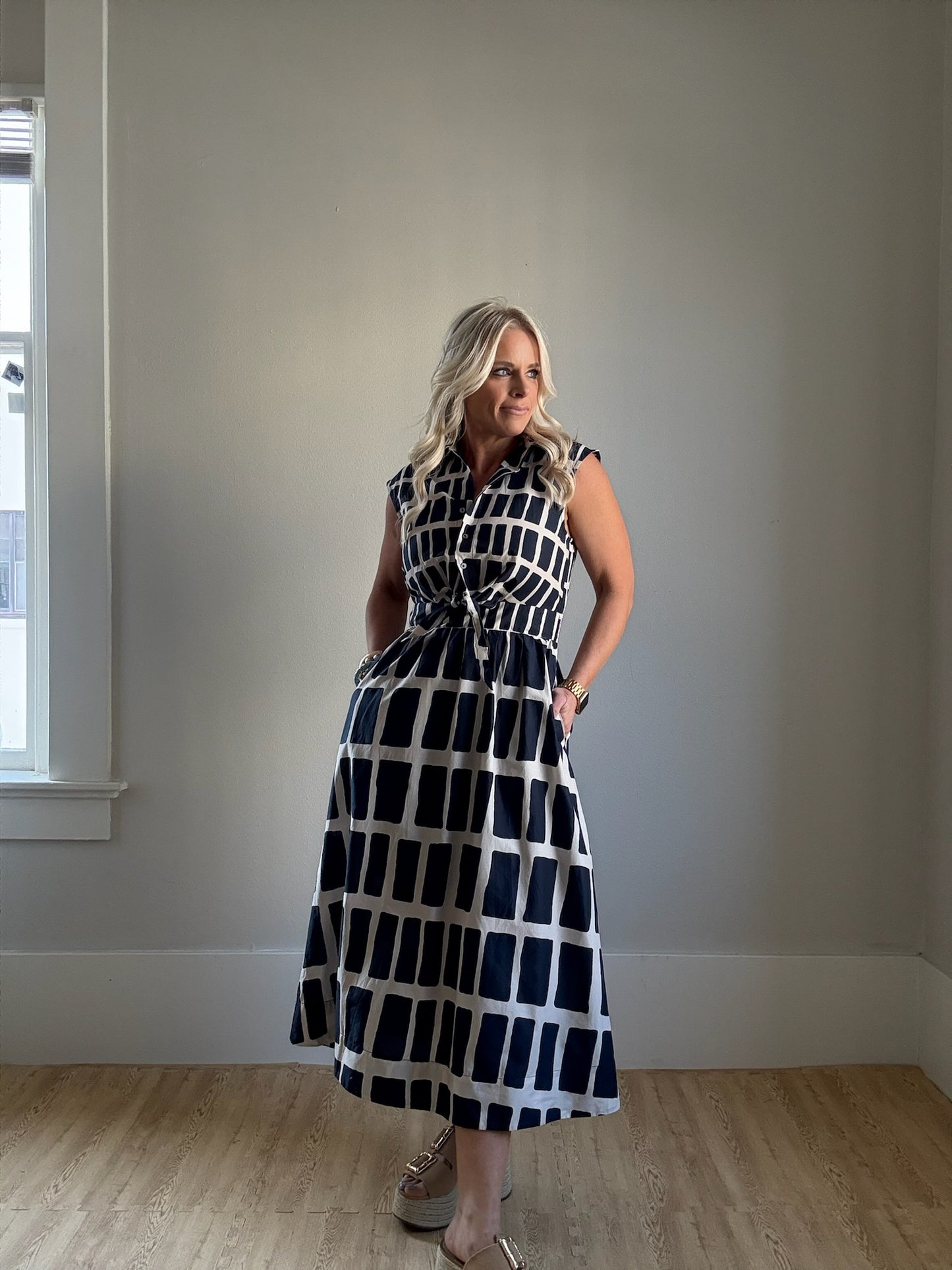 Navy Abstract Print Midi Dress