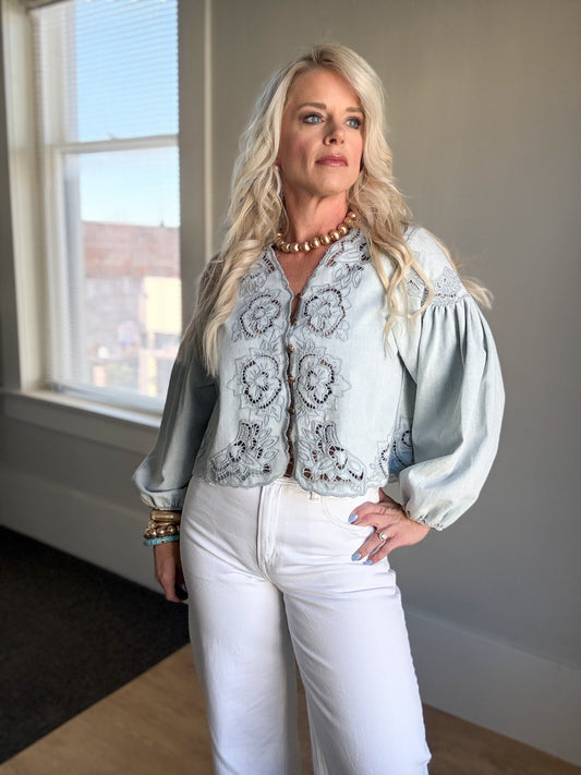 Denim Embroidered Volume Sleeve Top