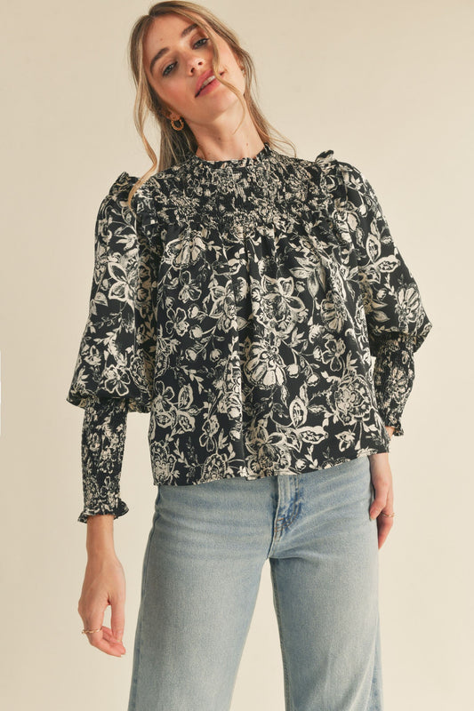 Black Cream Floral Ruffled Smocked Yoke Top