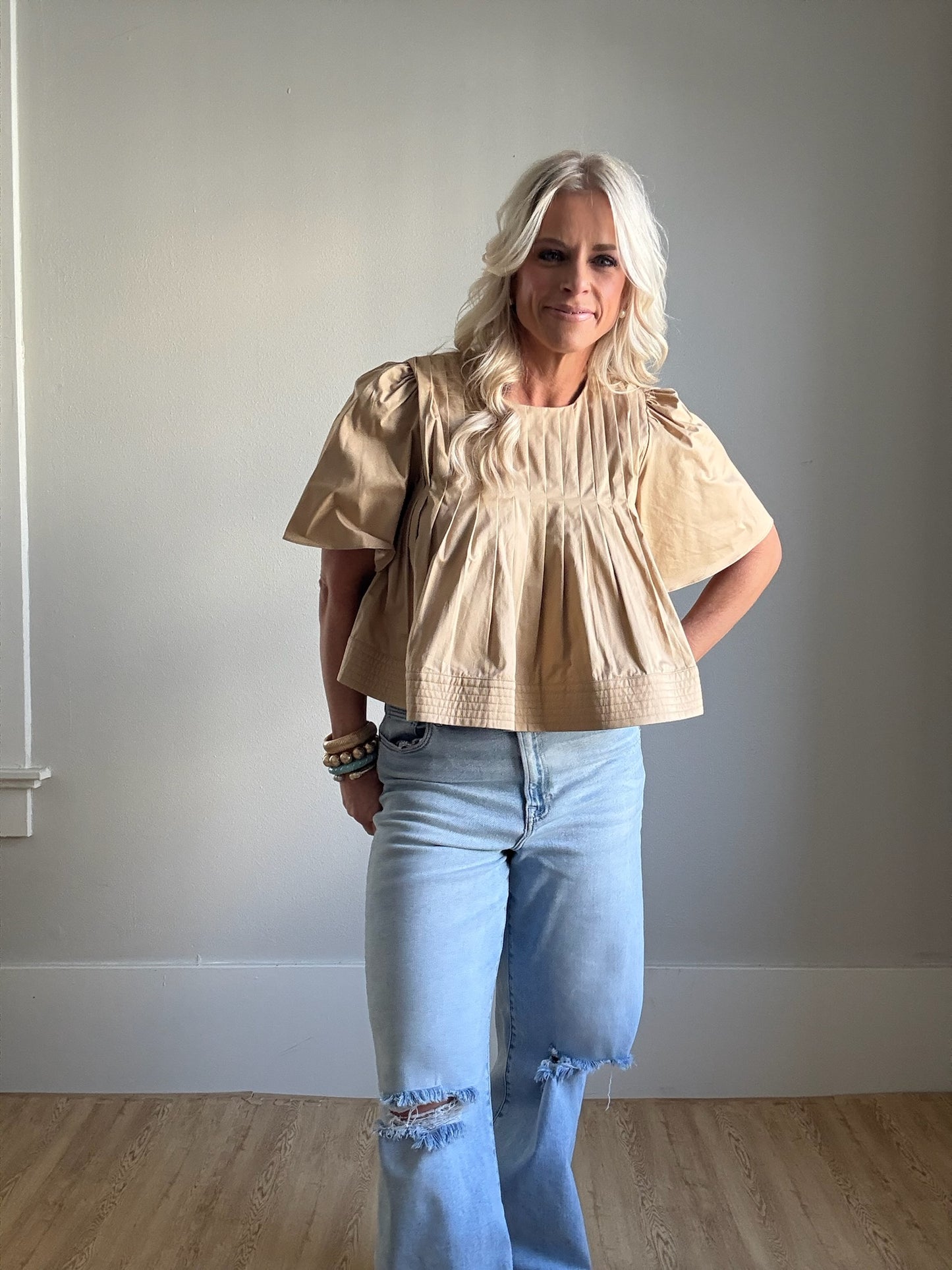 Camel Pleated Short Sleeve Top