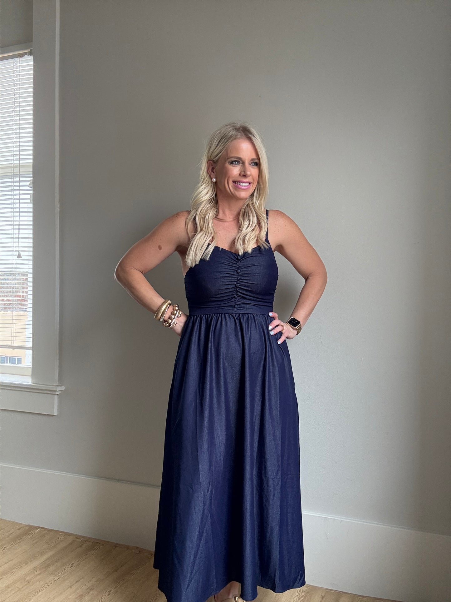 Dark Denim Shirring Flare Midi Dress