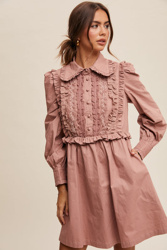 Blush Button Up Ruffle Trim Poplin Mini Dress