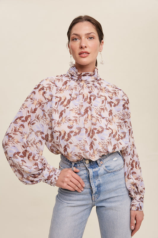 Mocha Leaf Printed Mock Neck Chiffon Blouse