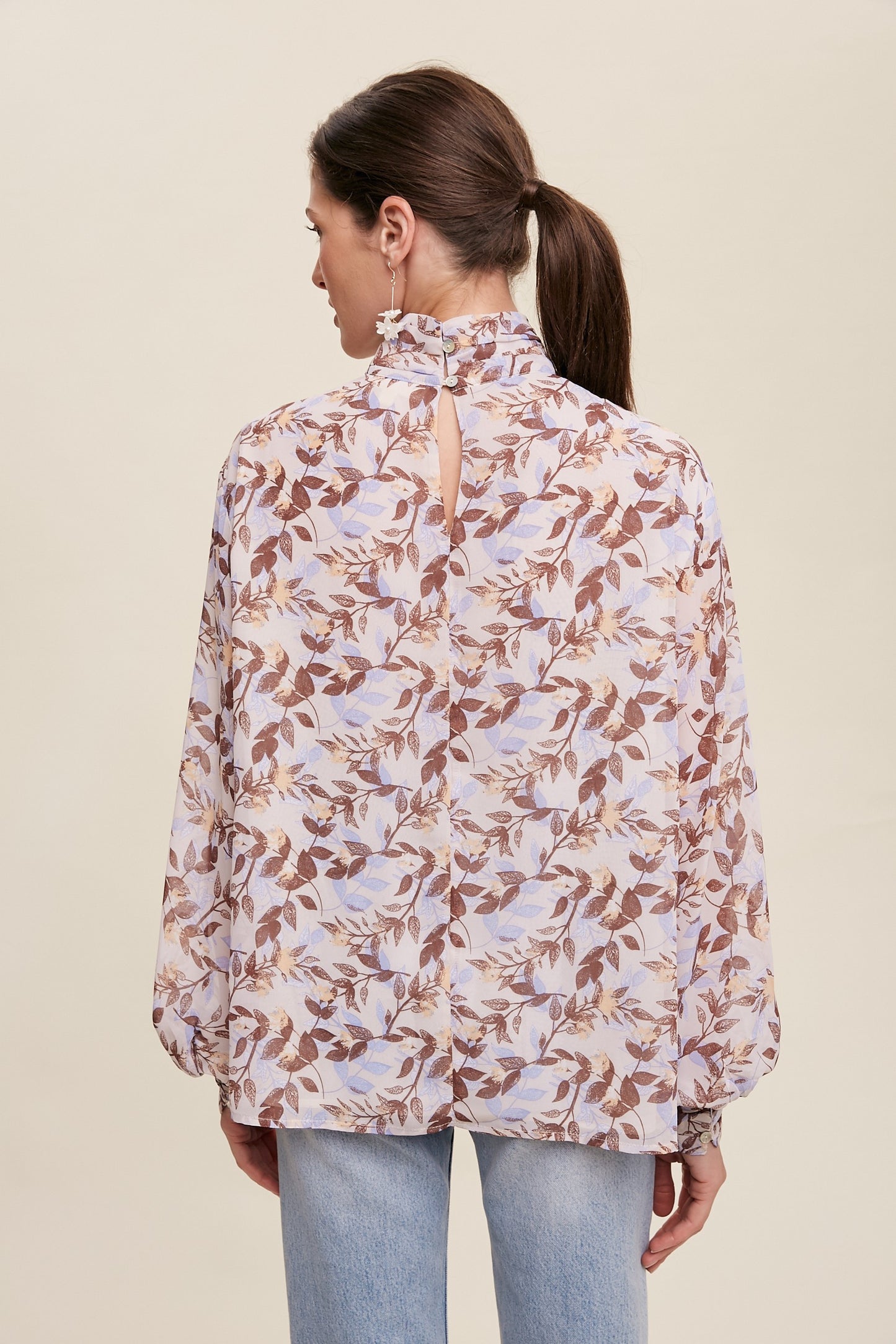 Mocha Leaf Printed Mock Neck Chiffon Blouse