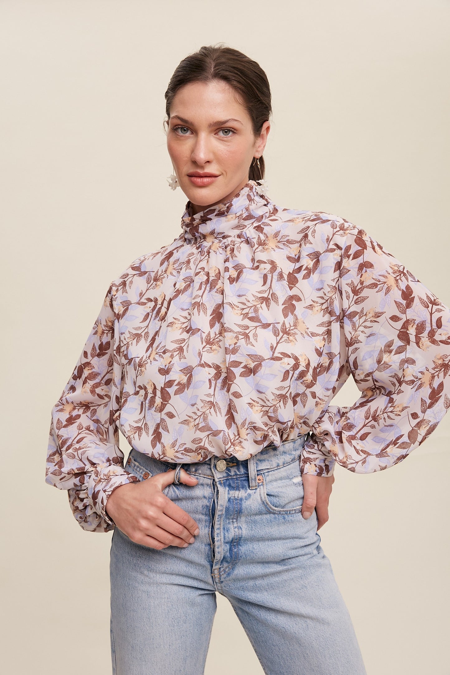 Mocha Leaf Printed Mock Neck Chiffon Blouse