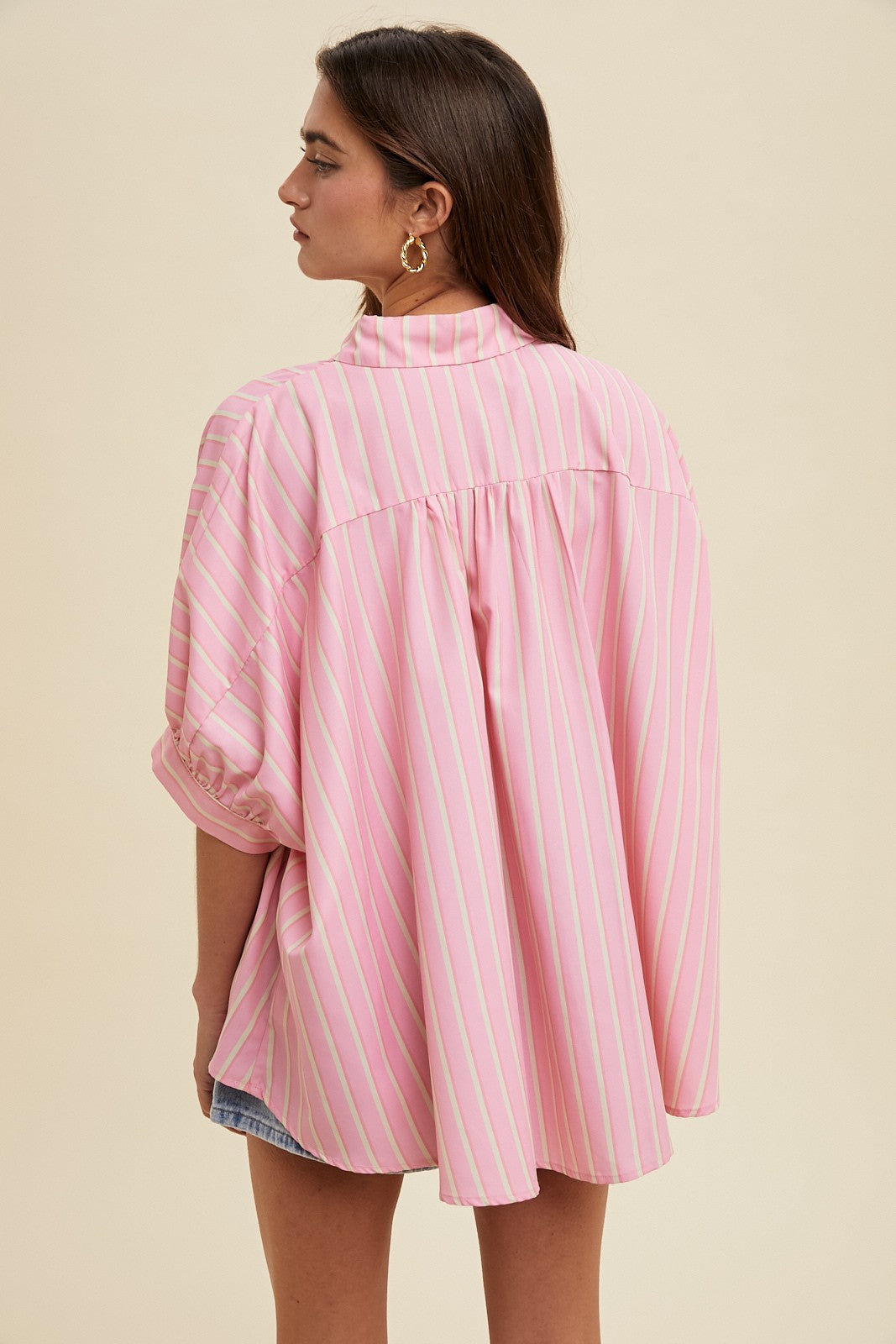 Pink/Ecru Striped Oversized Boxy Button Up Shirt