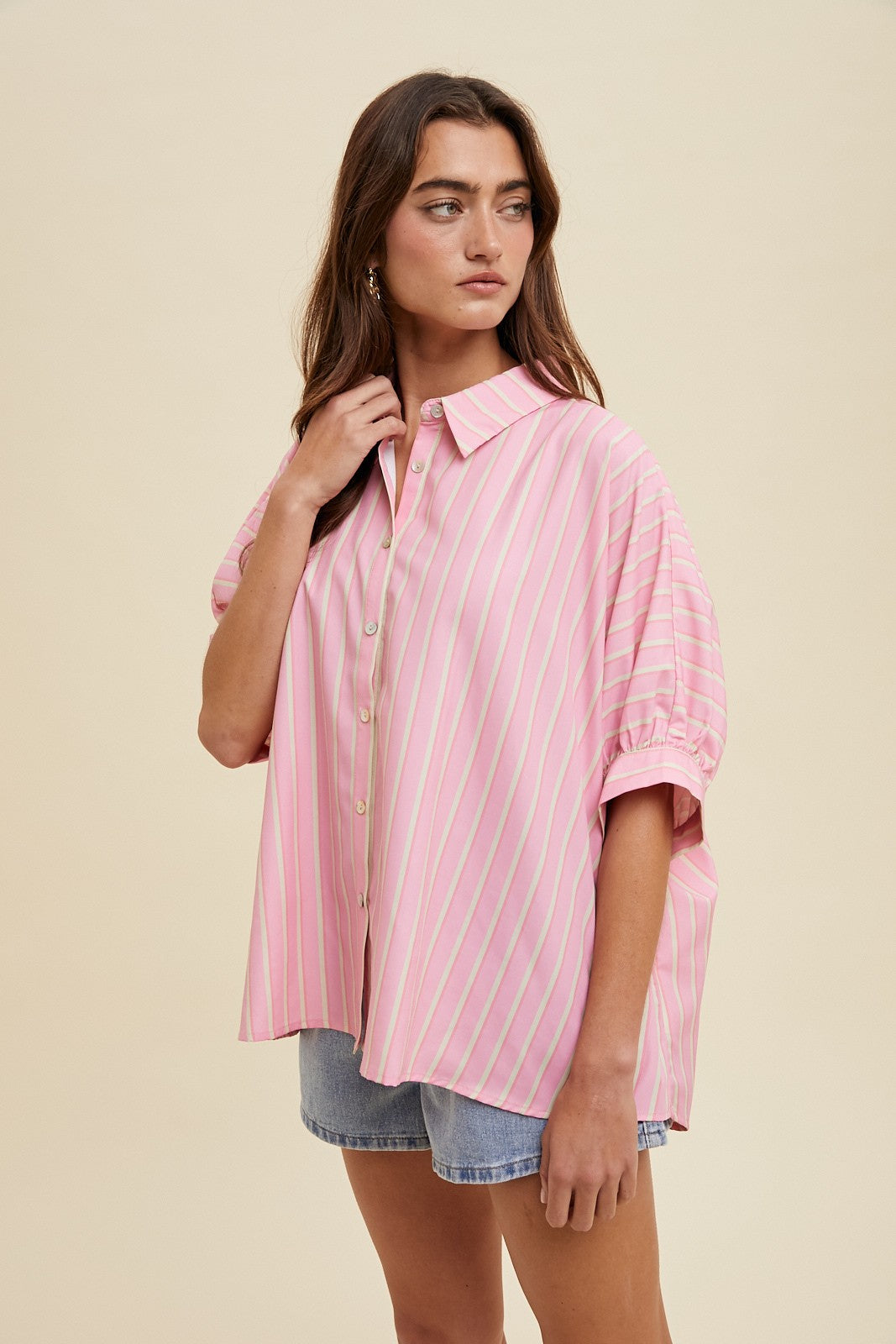 Pink/Ecru Striped Oversized Boxy Button Up Shirt