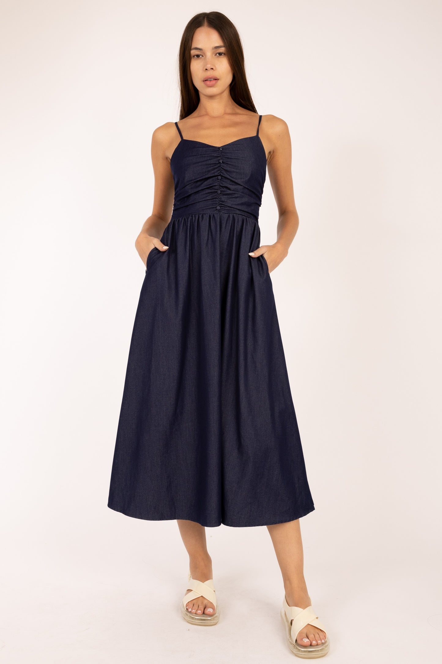 Dark Denim Shirring Flare Midi Dress