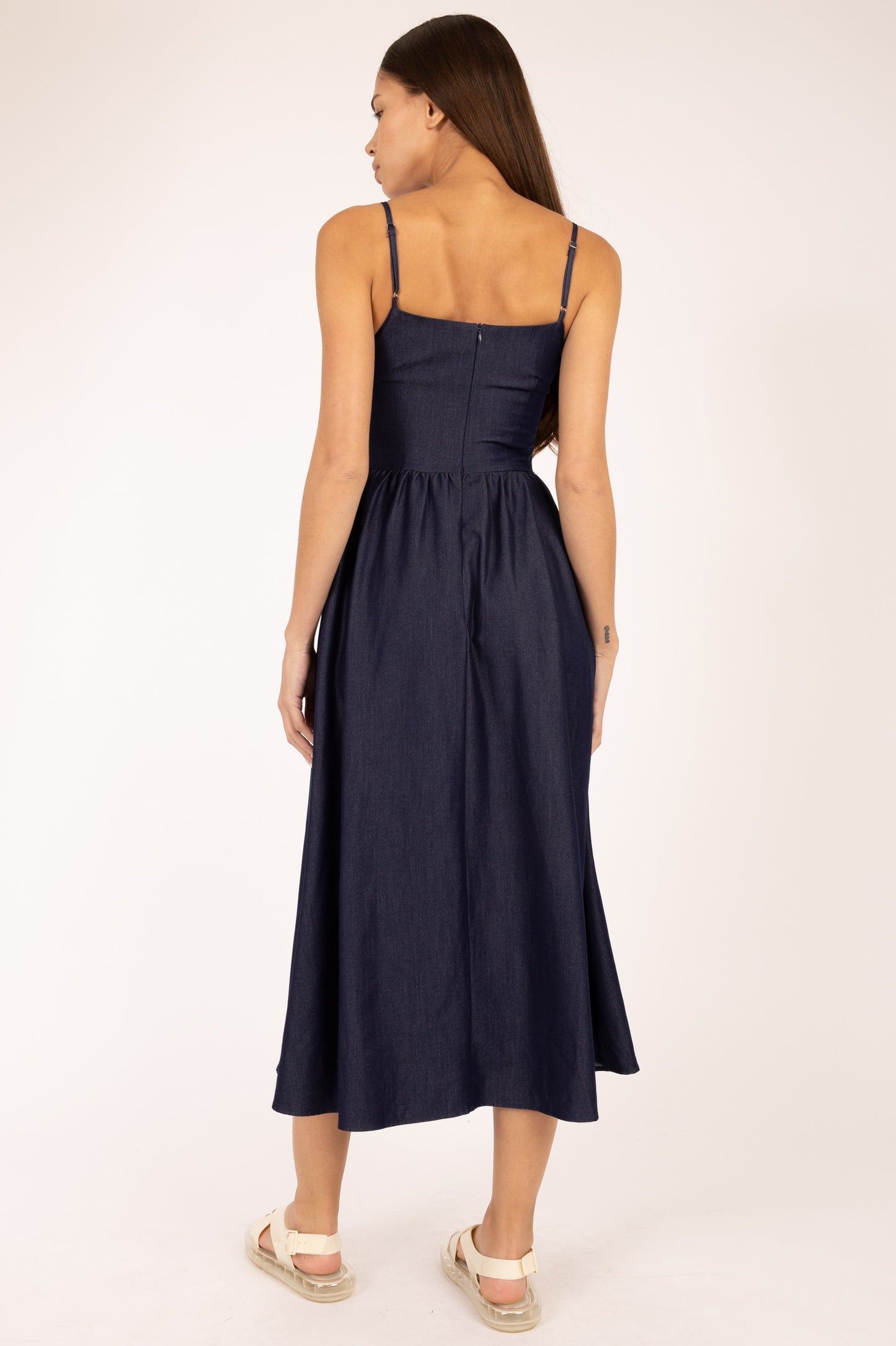 Dark Denim Shirring Flare Midi Dress