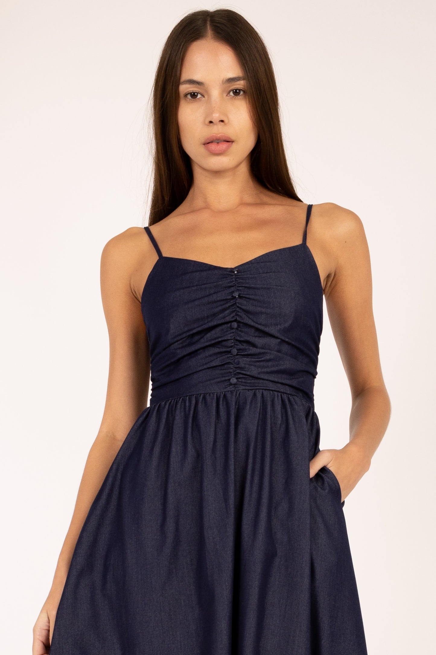 Dark Denim Shirring Flare Midi Dress