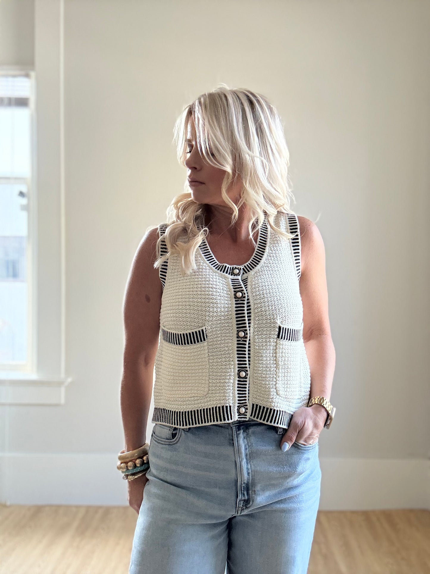 Cream and Navy Sleeveless Vest