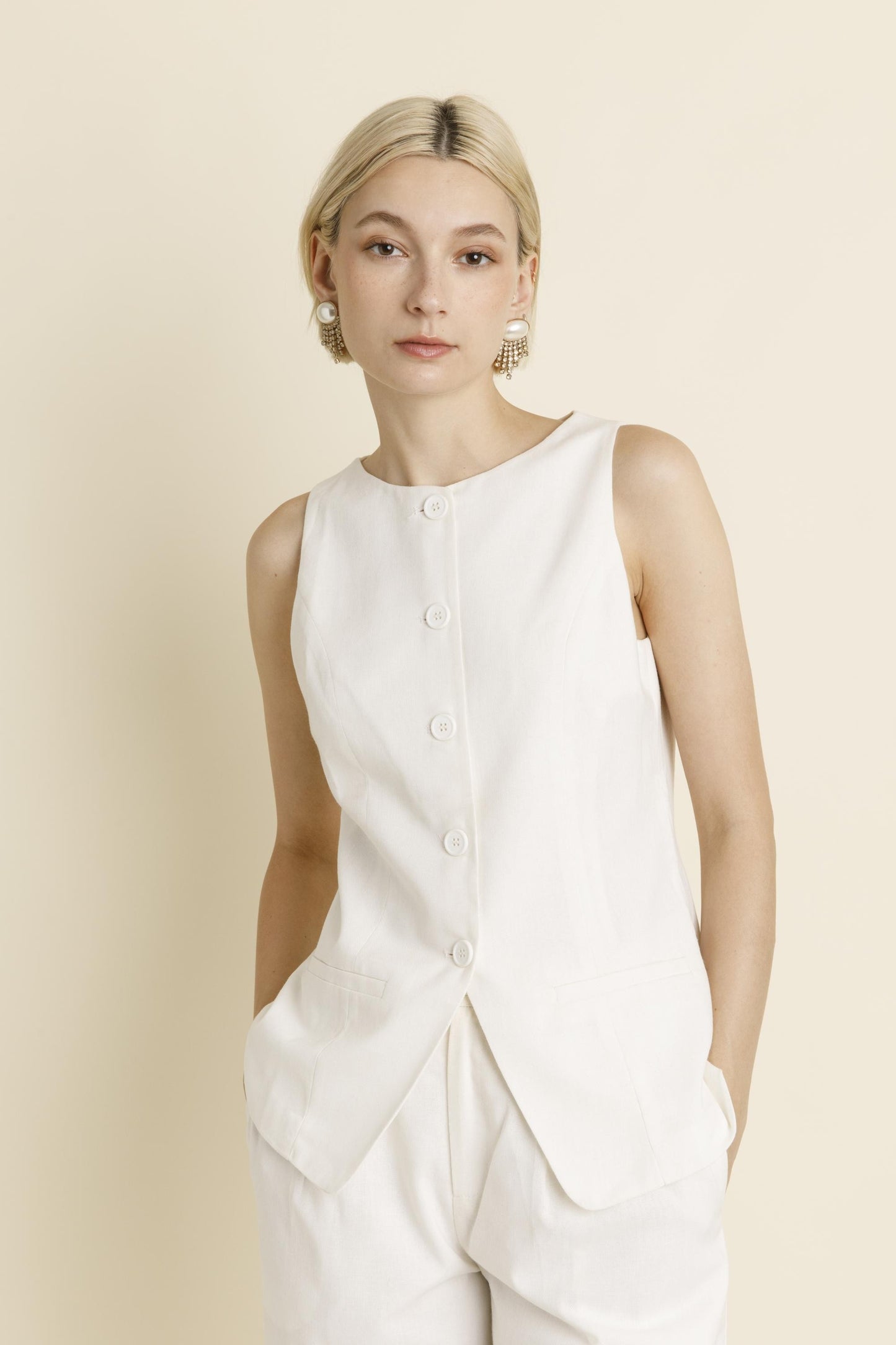 Ivory Sleeveless Linen Vest