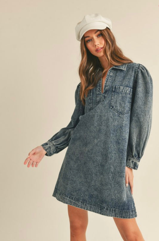 Washed Denim Collared Mini Dress