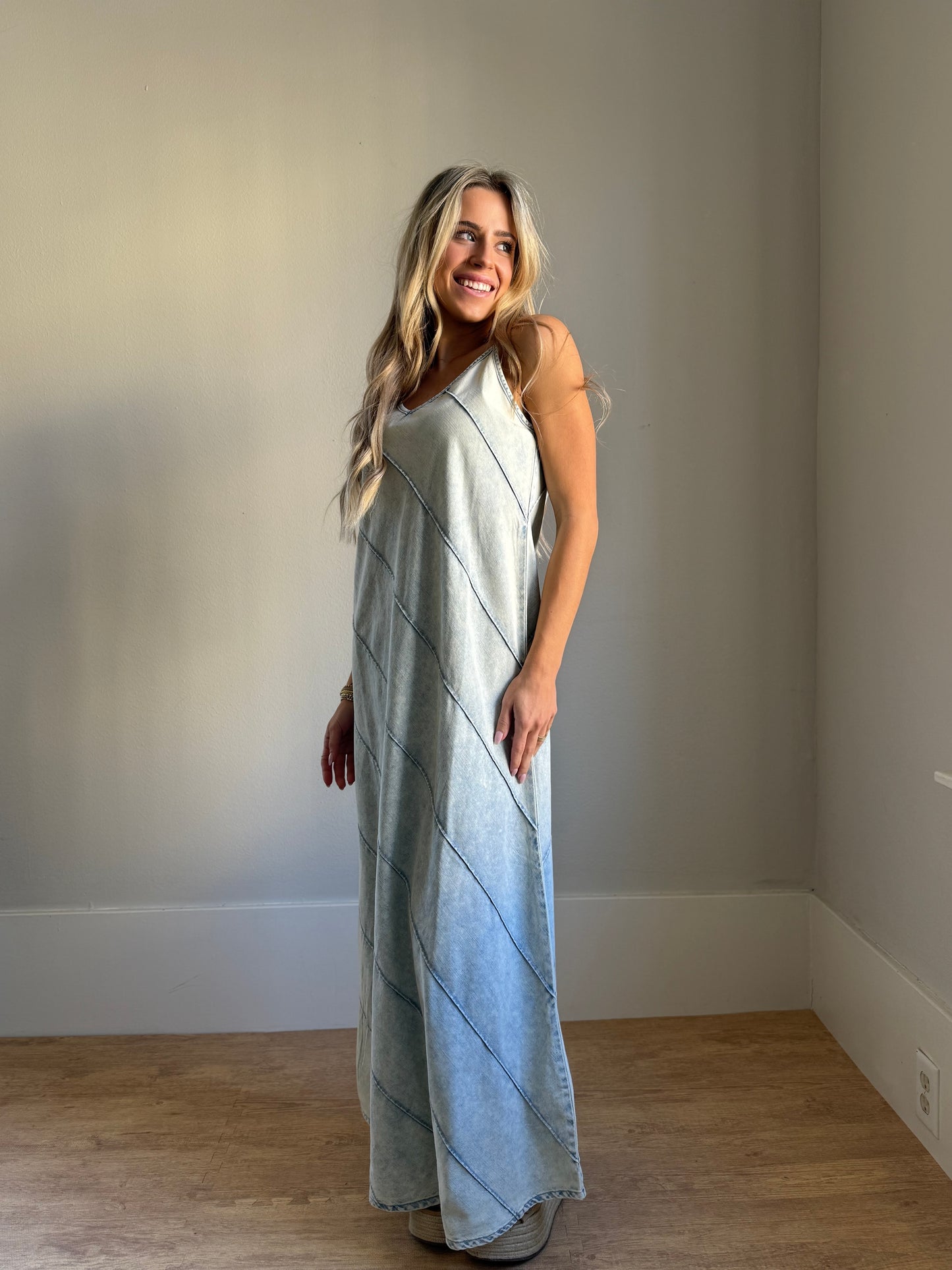 V-Neck Sleeveless Denim Maxi Dress