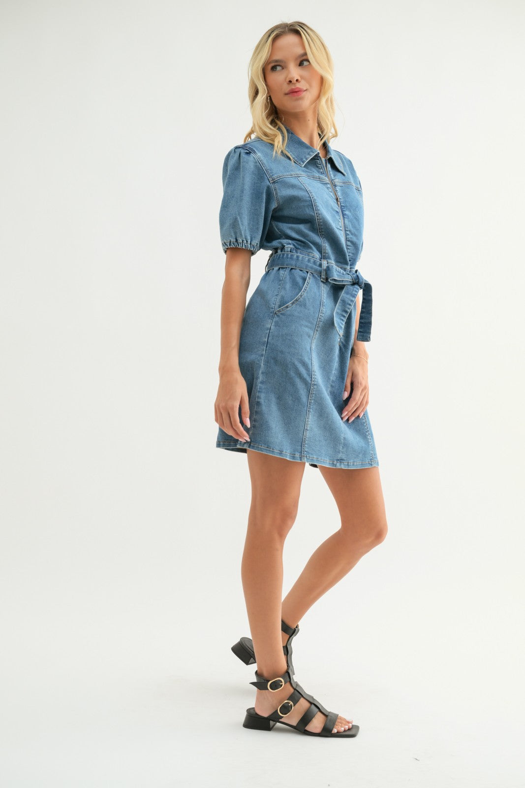 Denim Puff Sleeve Belted Mini Dress