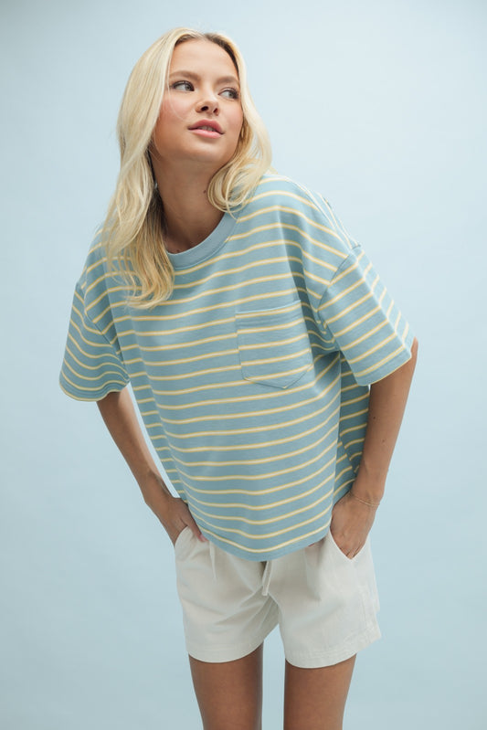 Teal/Yellow Striped Drop Shoulder Tee