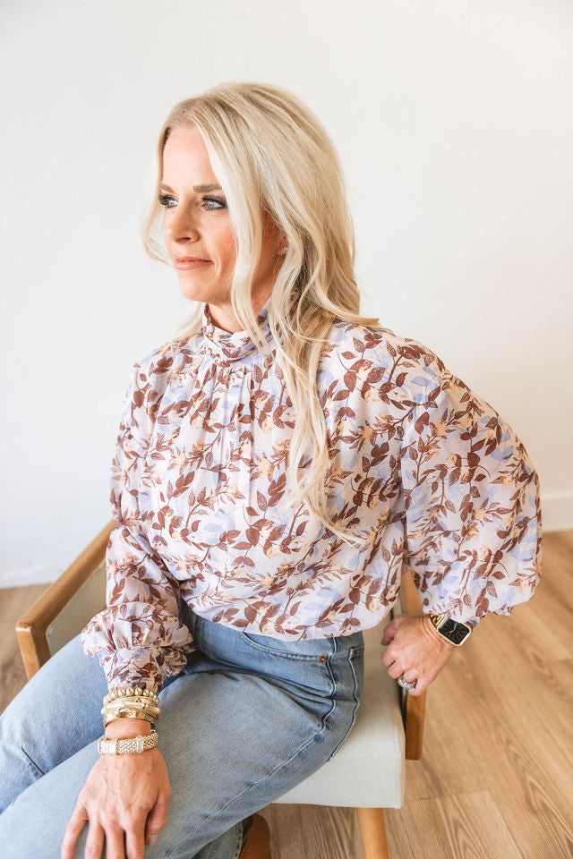 Mocha Leaf Printed Mock Neck Chiffon Blouse