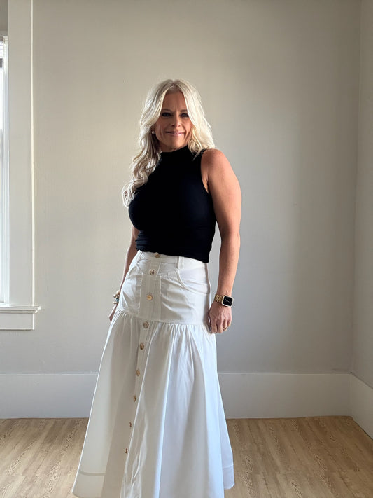 White High Waisted Midi Skirt