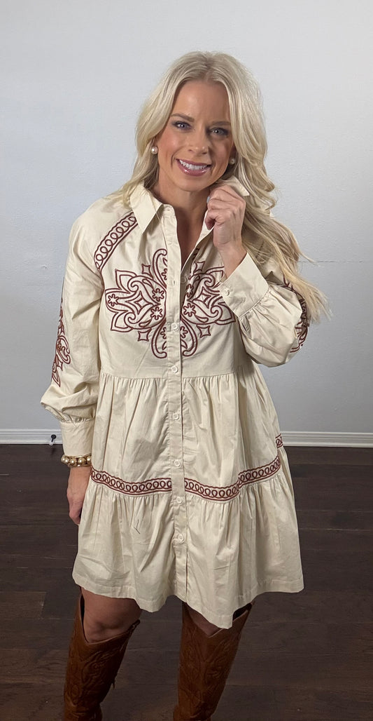 Tan Embroidered Button Down Dress