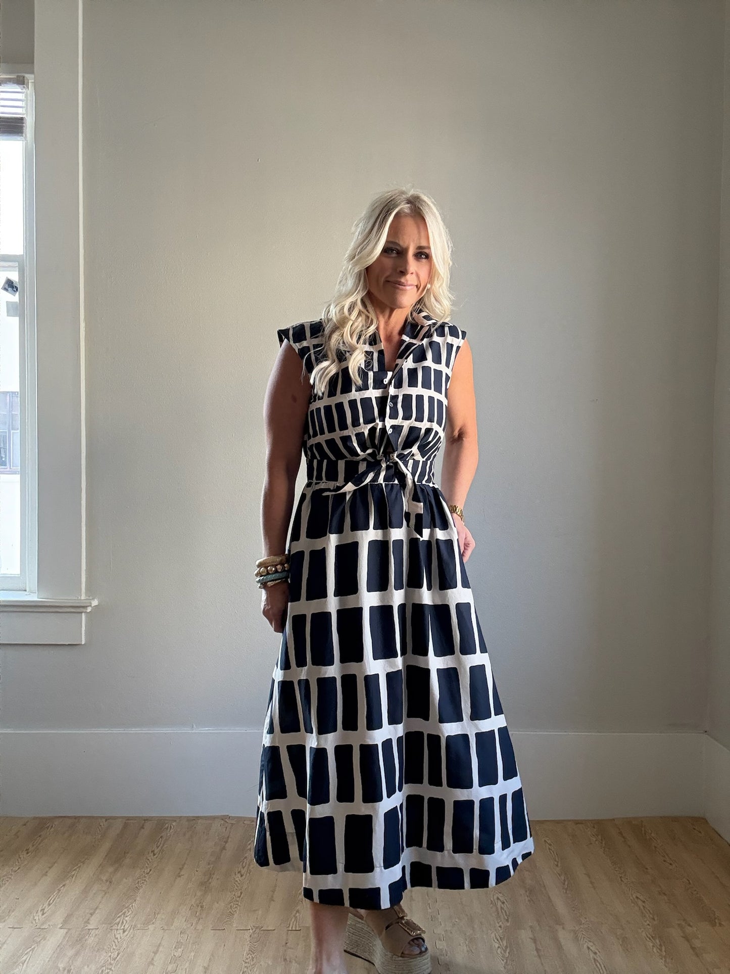 Navy Abstract Print Midi Dress