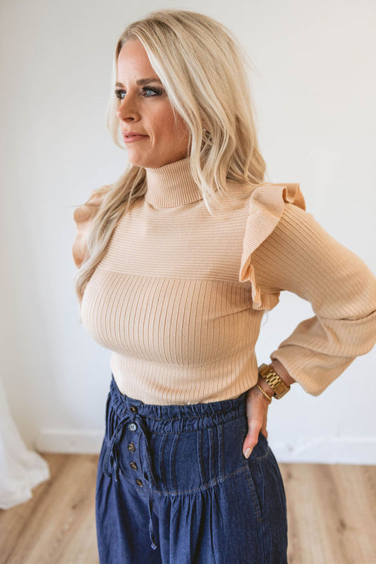 Shoulder Ruffle Turtleneck Sweater