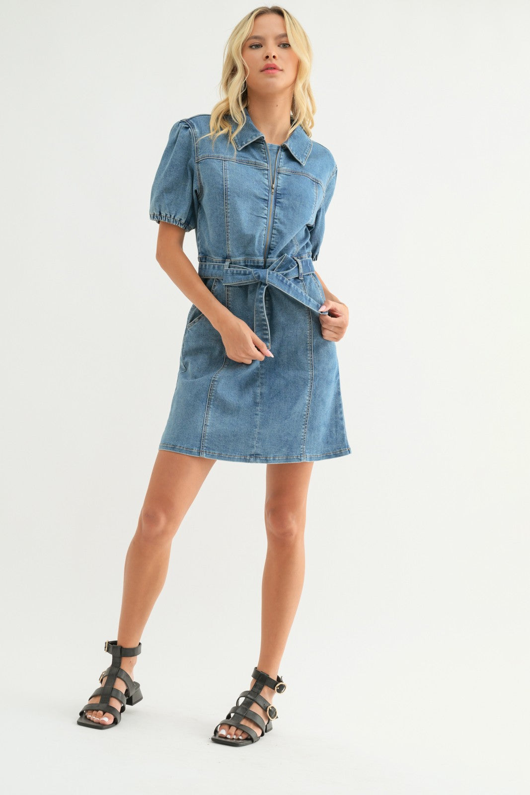 Denim Puff Sleeve Belted Mini Dress