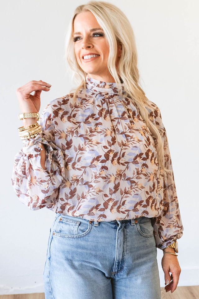 Mocha Leaf Printed Mock Neck Chiffon Blouse