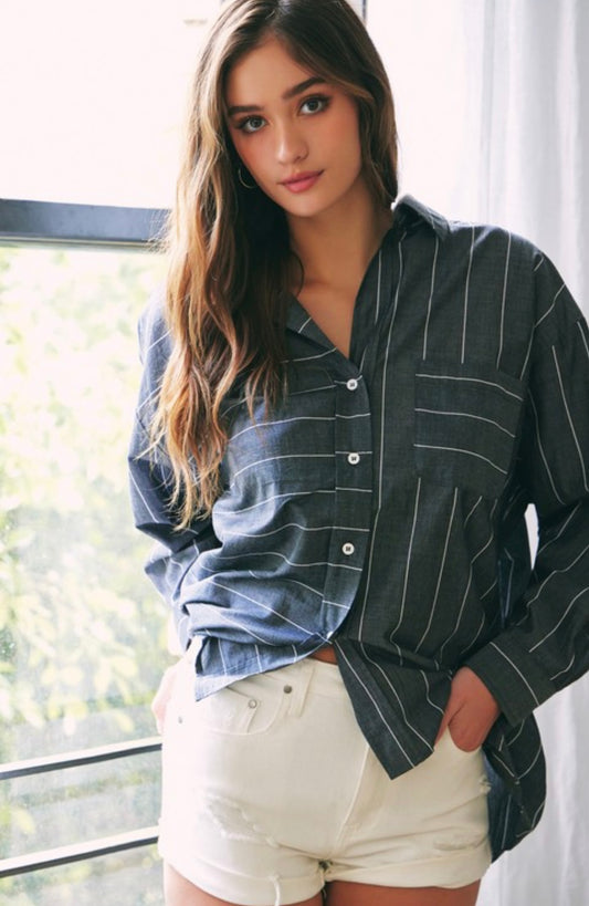 Grey One Pocket Striped Button Down