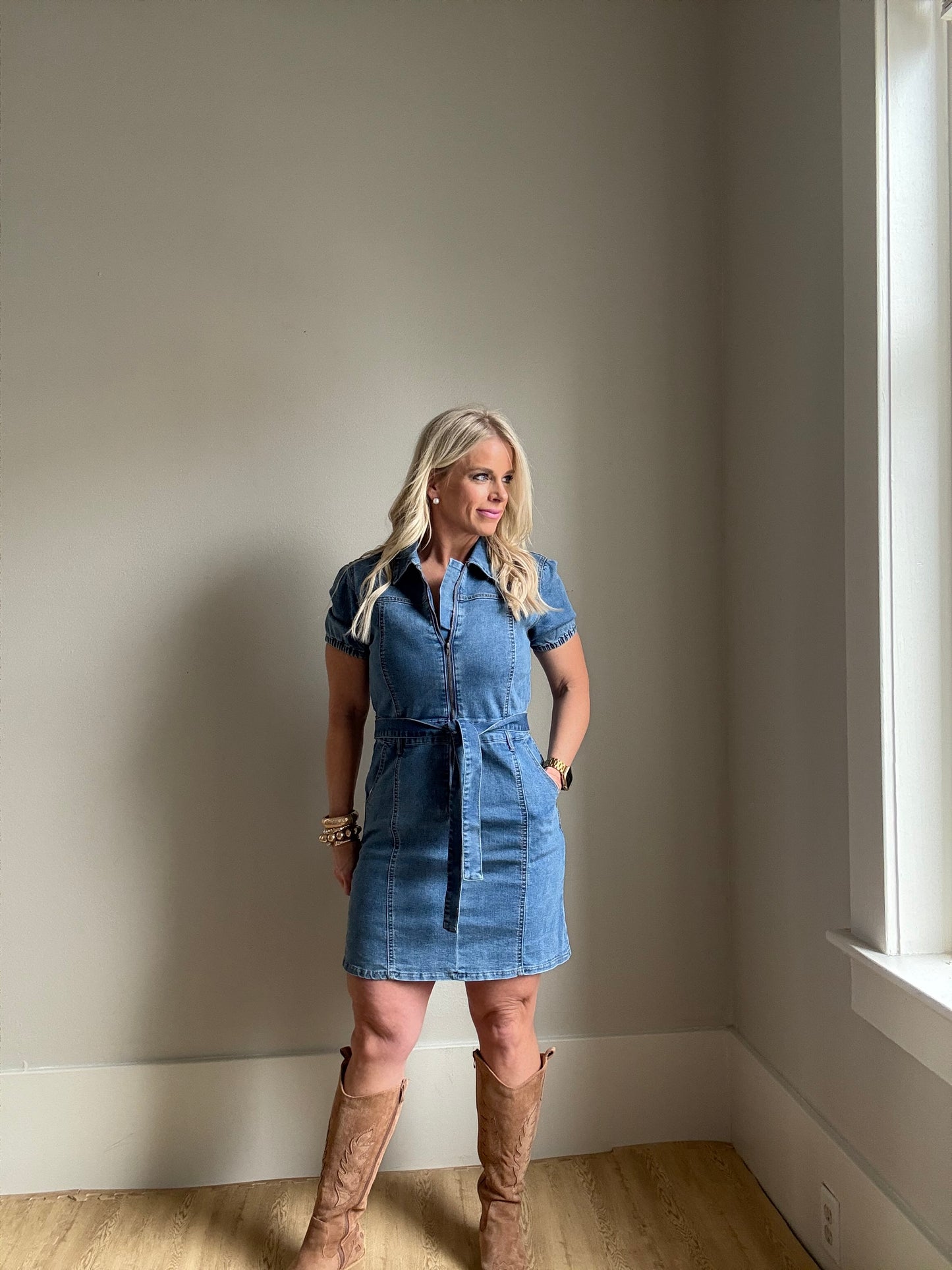 Denim Puff Sleeve Belted Mini Dress