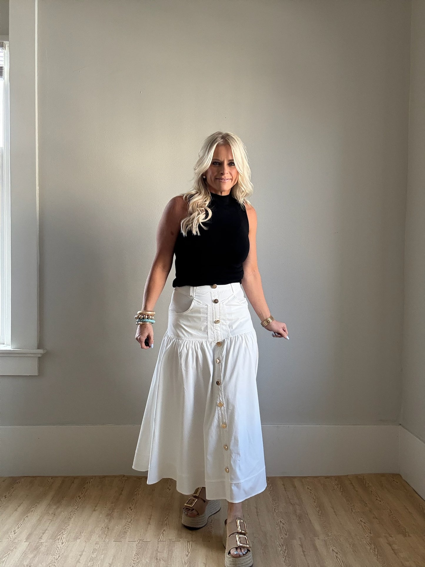 White High Waisted Midi Skirt