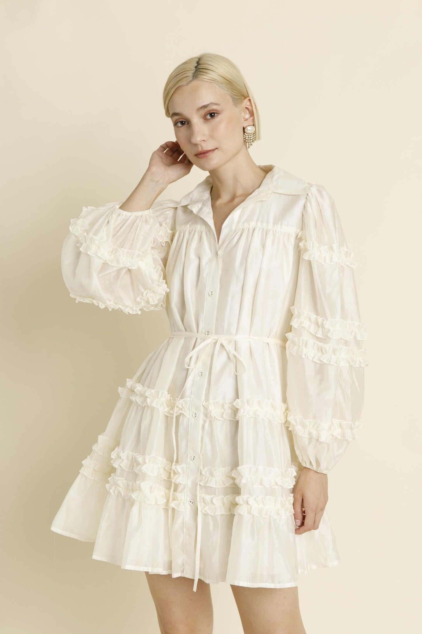 Ivory Ruffled Button Down Dress