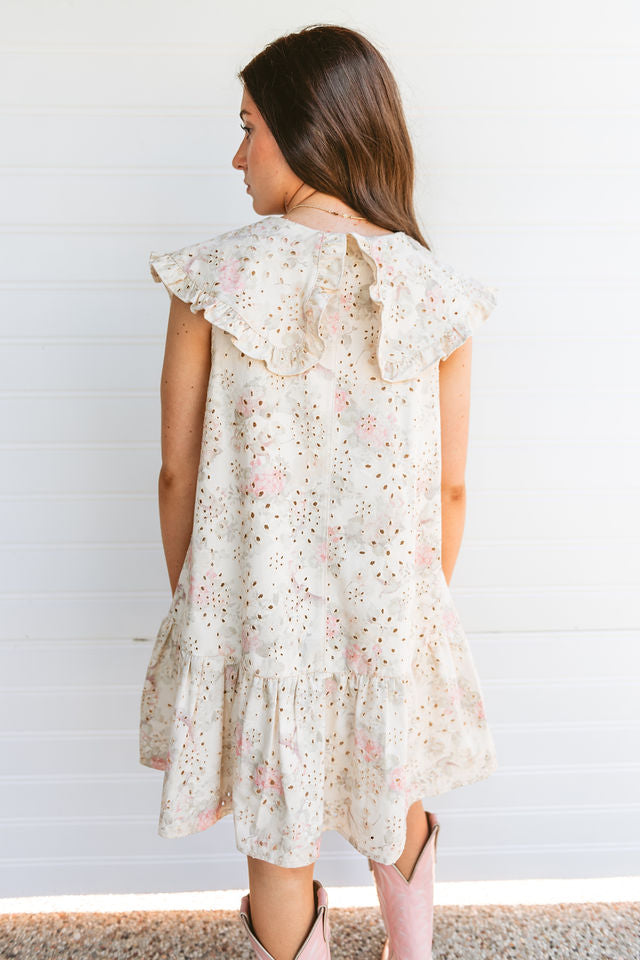 Eyelet Floral Print Mini Dress