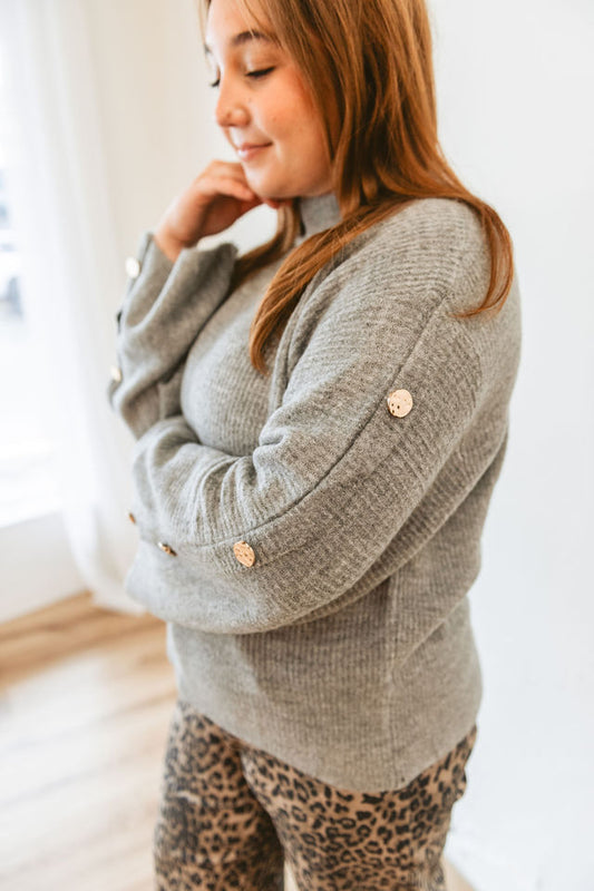 Grey Turtleneck Gold Button Sweater