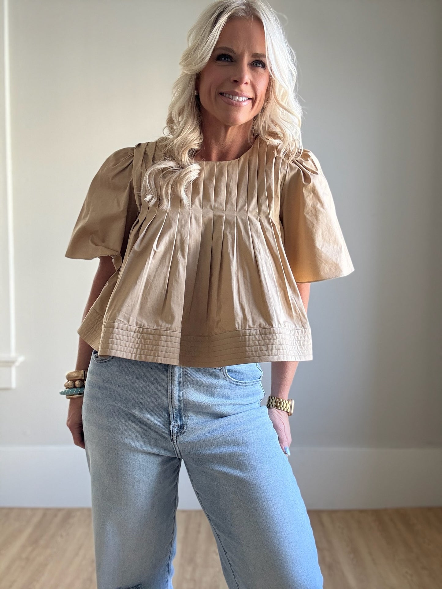 Camel Pleated Short Sleeve Top