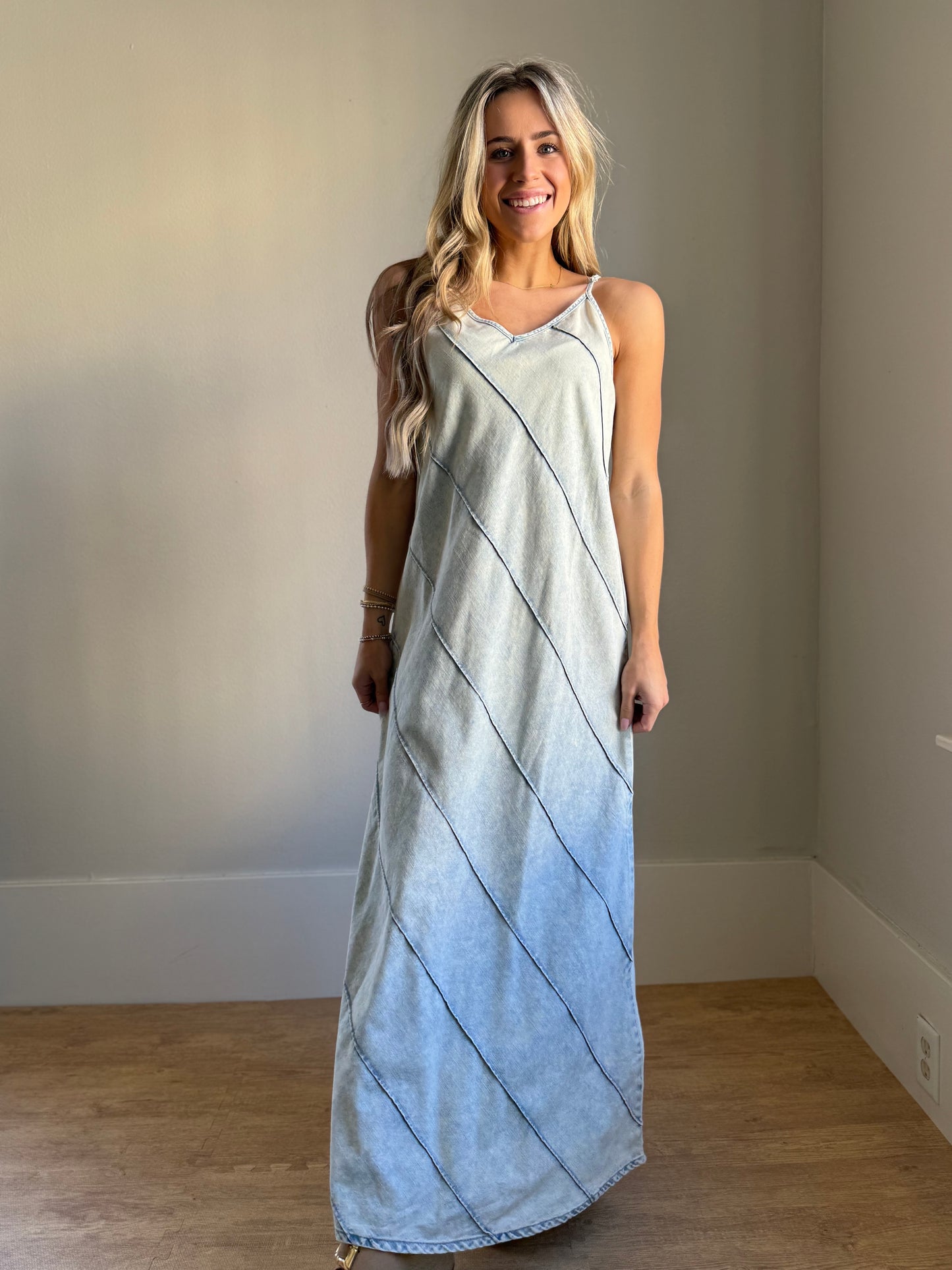 V-Neck Sleeveless Denim Maxi Dress