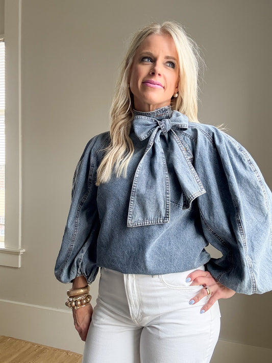 Denim Top with Ribbon Bow