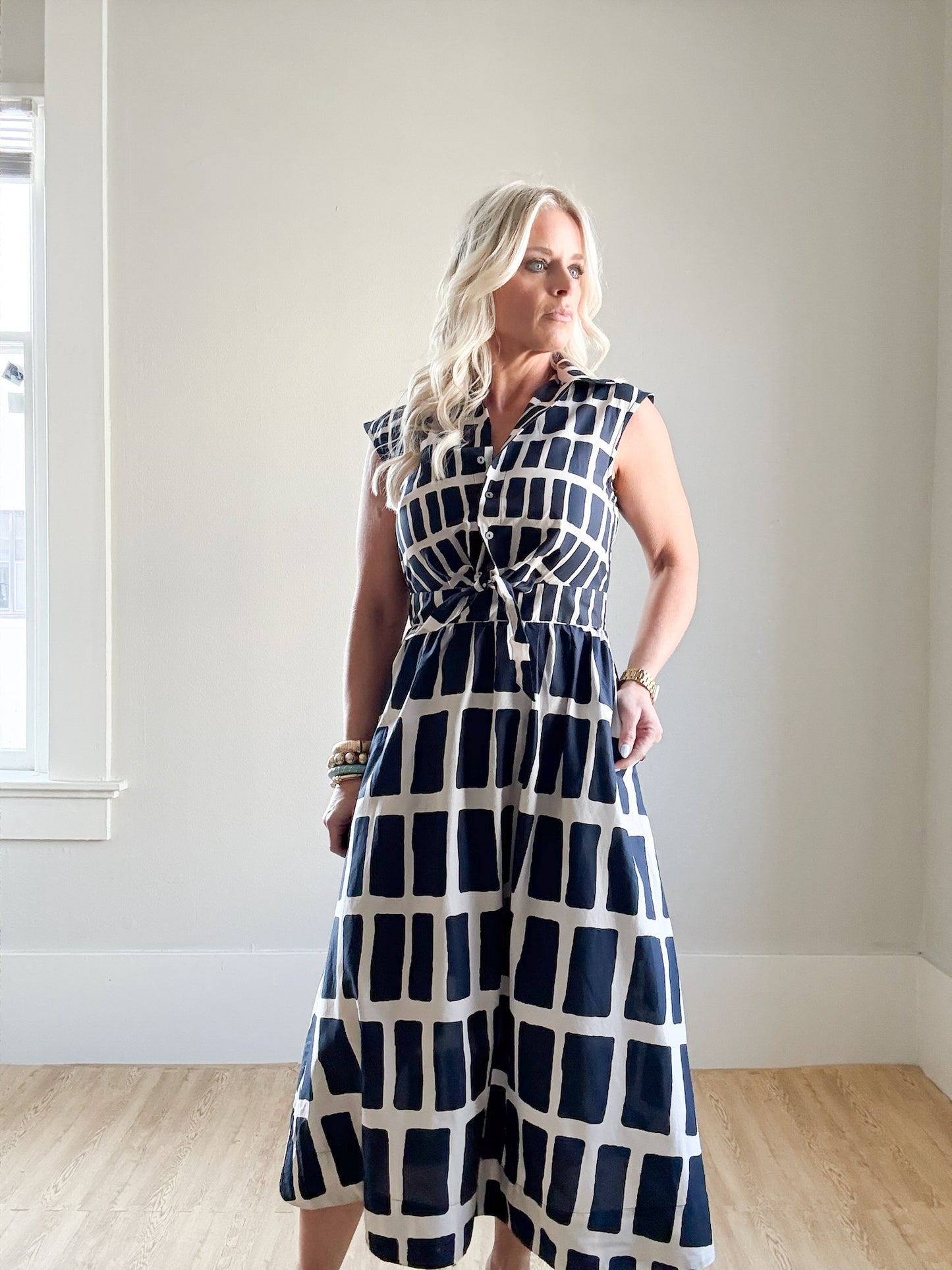 Navy Abstract Print Midi Dress