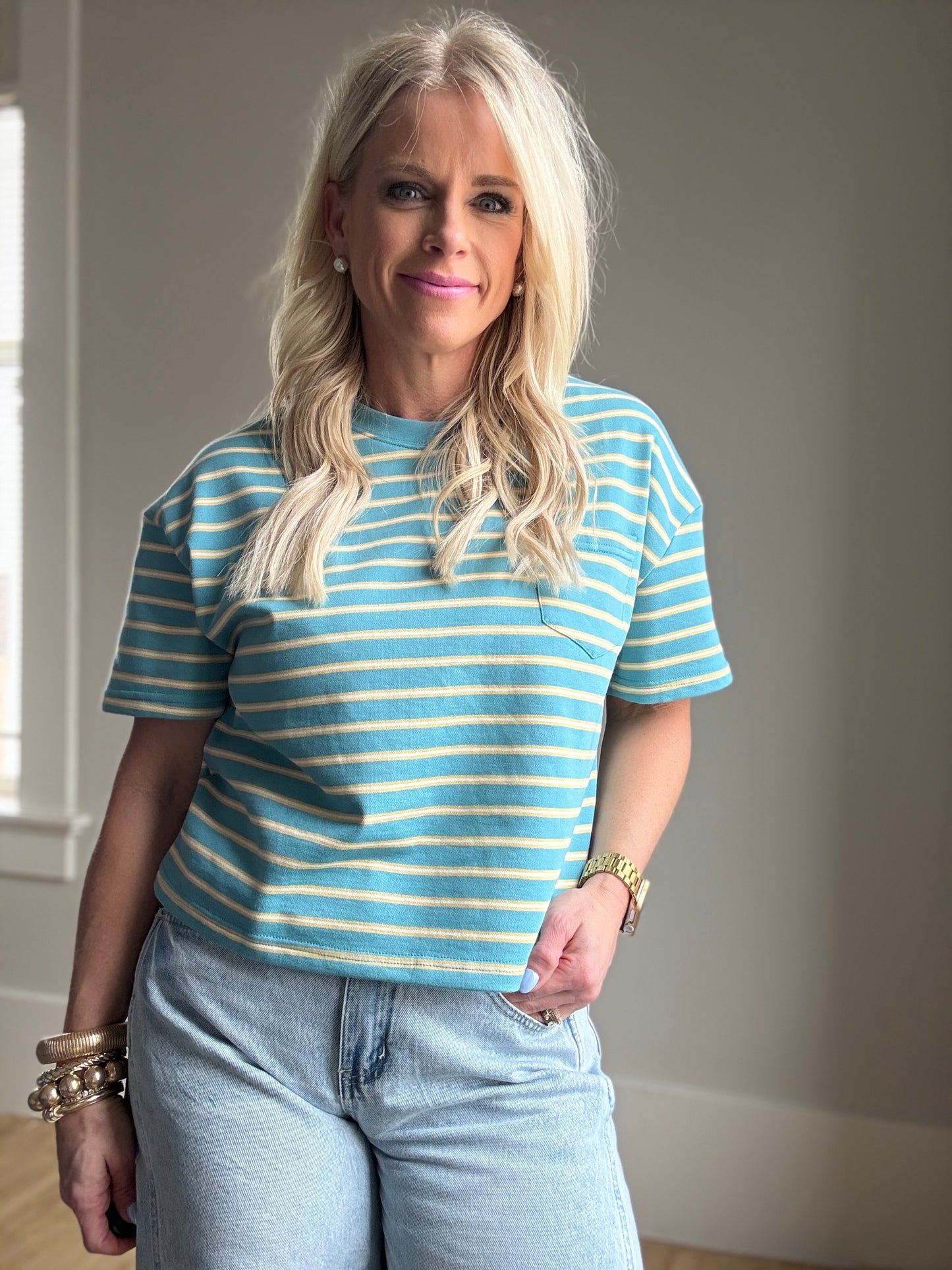 Teal/Yellow Striped Drop Shoulder Tee