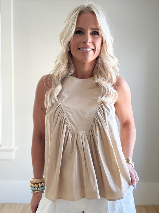 Taupe Sleeveless Ruffle Top