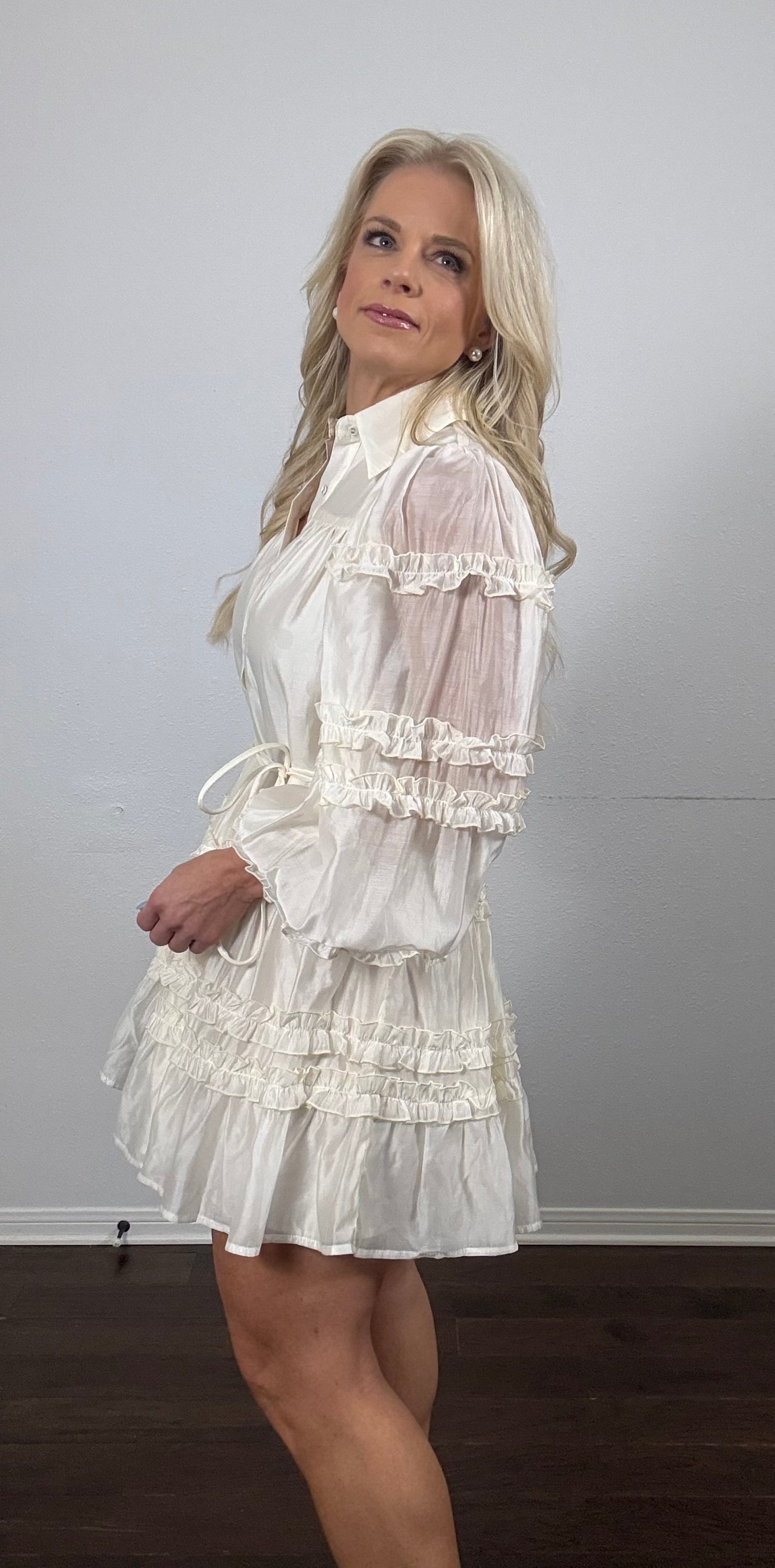 Ivory Ruffled Button Down Dress