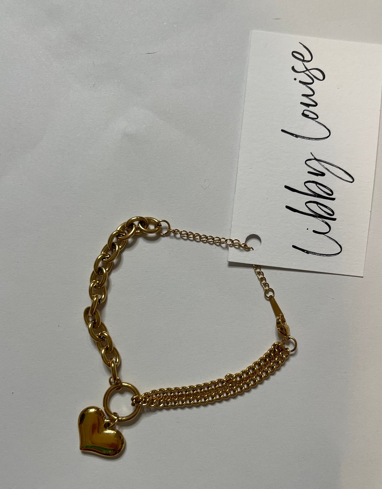 Gold Puff Heart 2 Chain Bracelet