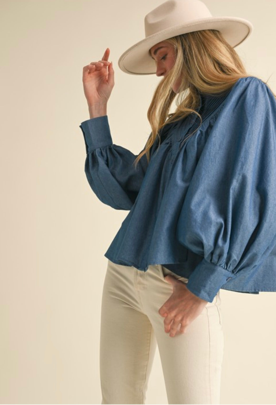 Denim Pleated Yoke Button Down Top