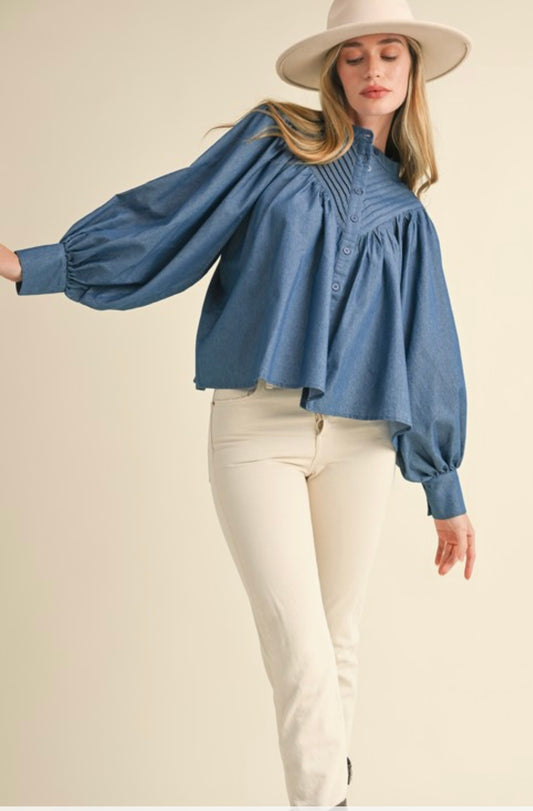 Denim Pleated Yoke Button Down Top