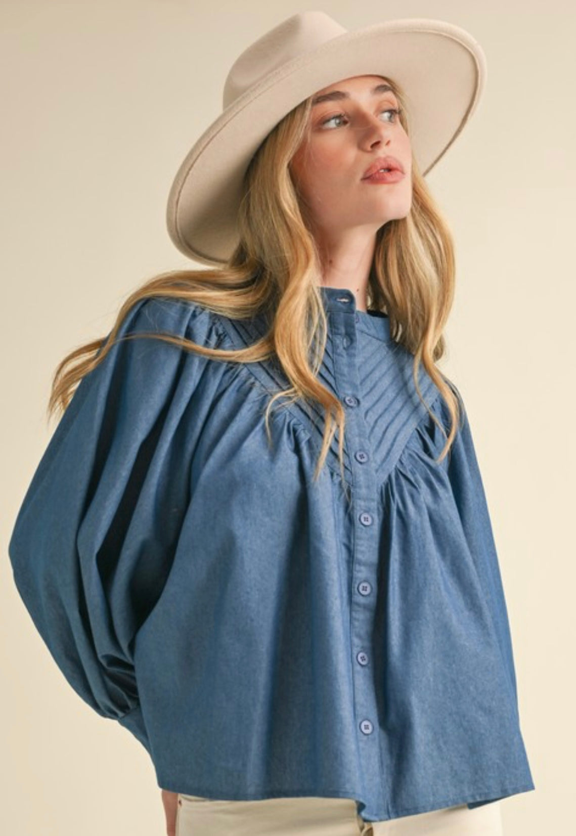 Denim Pleated Yoke Button Down Top