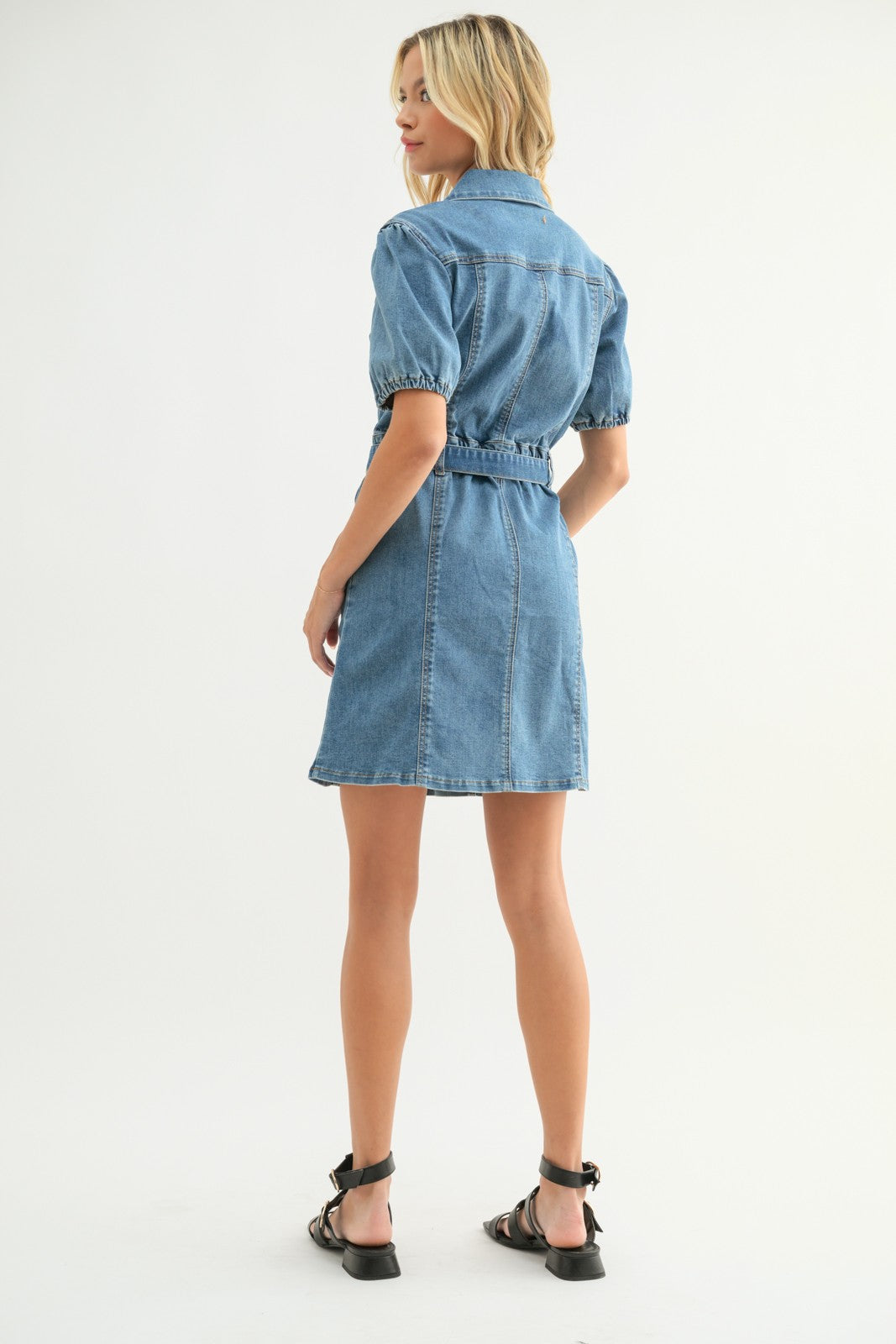 Denim Puff Sleeve Belted Mini Dress