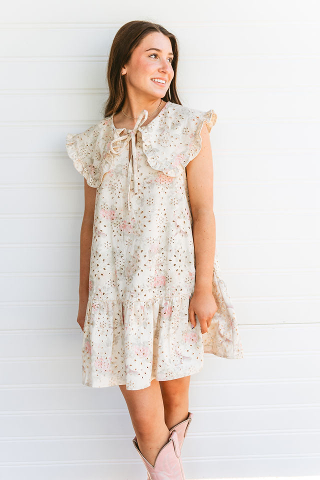 Eyelet Floral Print Mini Dress