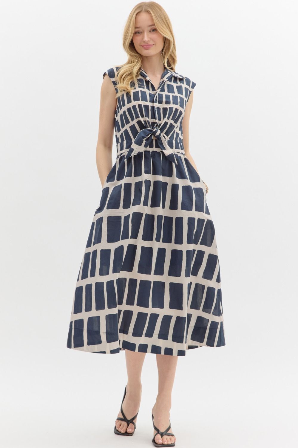 Navy Abstract Print Midi Dress