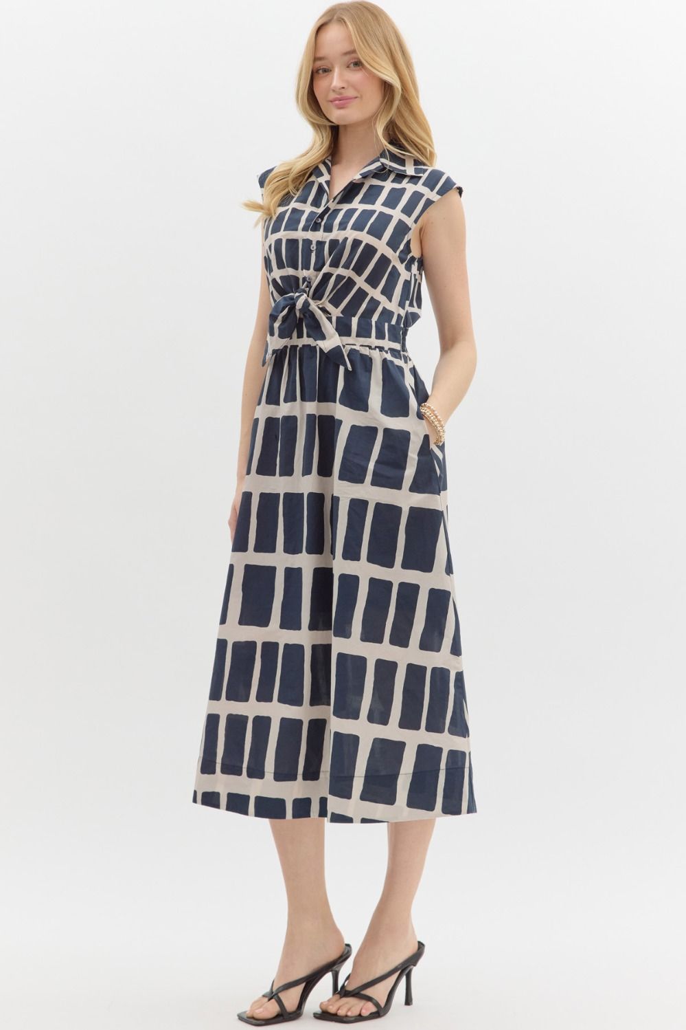 Navy Abstract Print Midi Dress