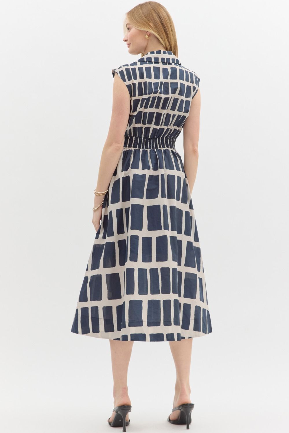 Navy Abstract Print Midi Dress